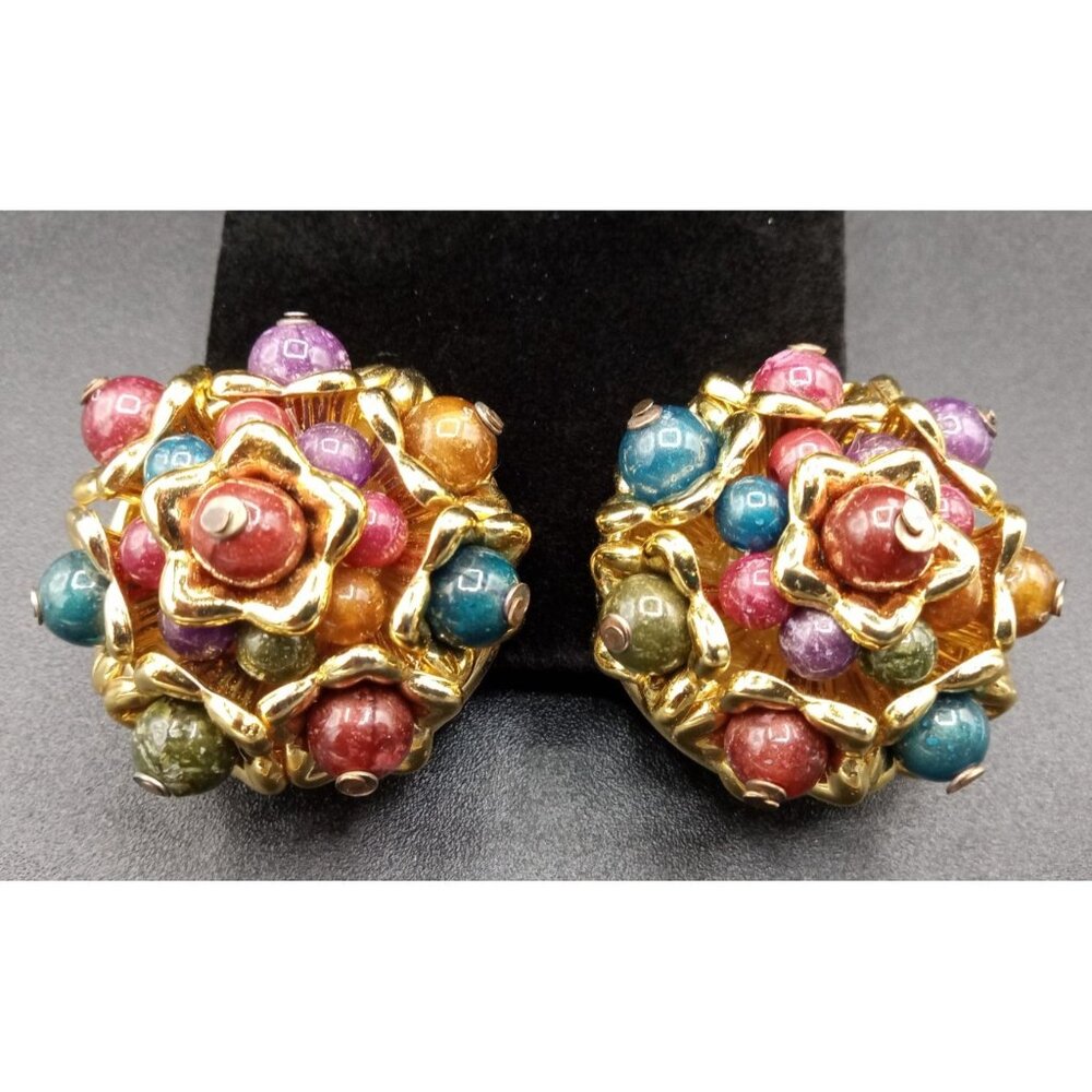 Clip On Earrings Cluster Beaded Vintage Colors Gold Tone 1.5 In Jewelry Chunky